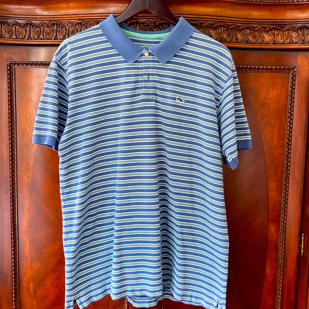 👕Mens Vinyard Vines polo shirt. Size large. Blue with white and green stripes.